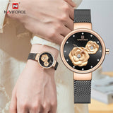 Naviforce- Luxury Creative Design Mesh Steel Band Wrist Watch With Brand Box - NF5013 Rose Black Gold