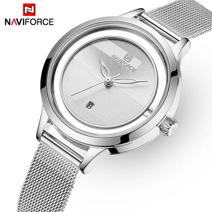 Naviforce- Ladies Japan Quartz Mesh Band Wrist Watch With Brand Box -NF5014 Silver