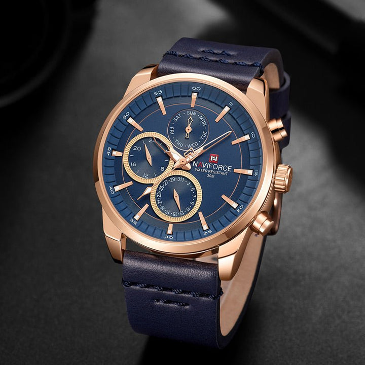 NAVIFORCE- Waterproof 24 hour Date Quartz Watch Leather Straps With Brand Box - NF9148 Blue Gold