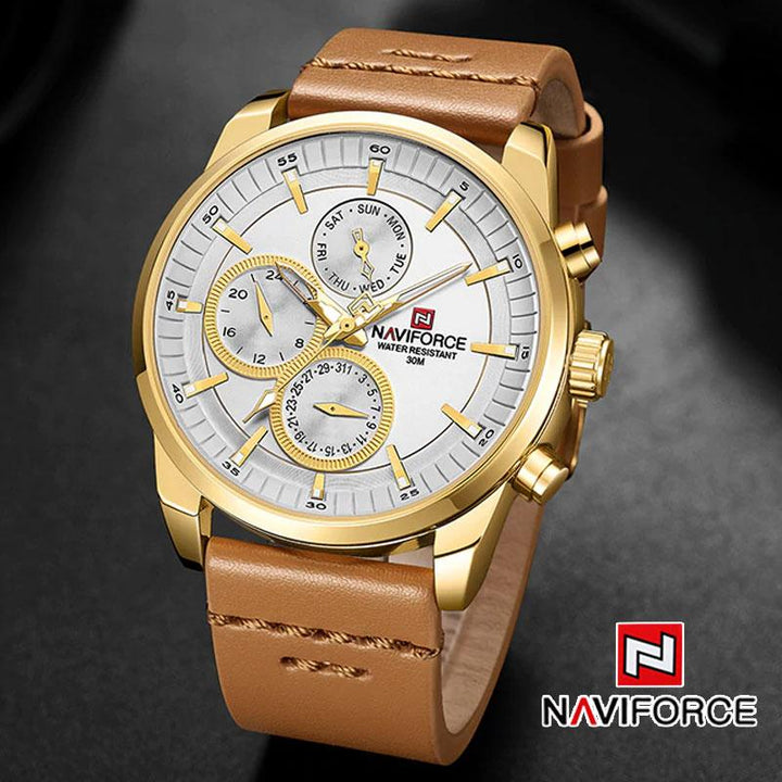 Naviforce- Waterproof 24 hour Date Quartz Watch Leather Straps With Brand Box - NF9148 Gold Brown