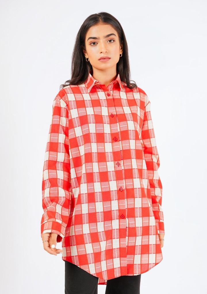 Nine90nine- Oversized Shirt - Red White Buffalo Check