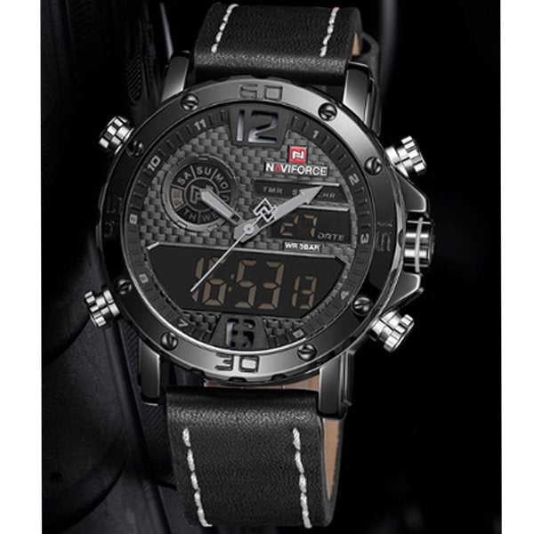 Naviforce- NF9134 Black PU Leather Dual Time Wrist Watch For Men - Black