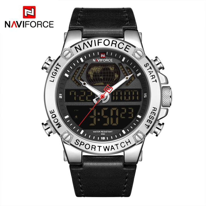 NAVIFORCE- PU Leather Dual Time Wrist Watch For Men Black | NF9164 | Silver-Black