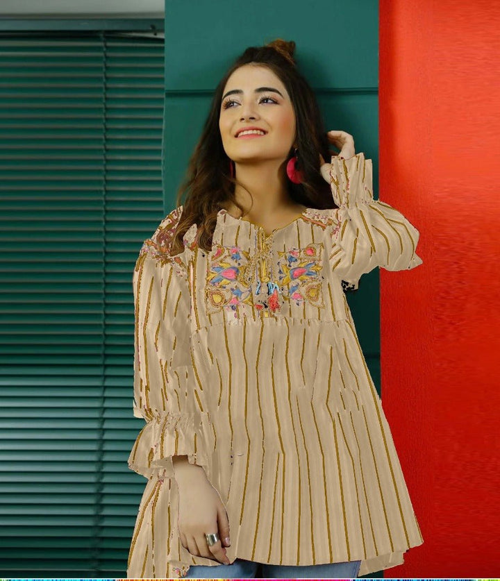 Emerce- Lining Embroidery  Short Kurti - Beige