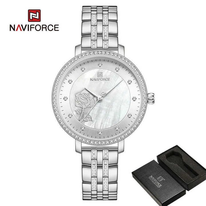 NAVIFORCE- Top Luxury Brand Women Watch Rhinestone Quartz Lady Waterproof Wristwatch Silver Stainless Steel Female Clock 5017