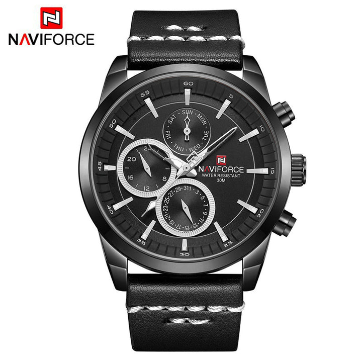 NAVIFORCE- Waterproof 24 hour Date Quartz Watch Leather Straps With Brand Box - NF9148 Black