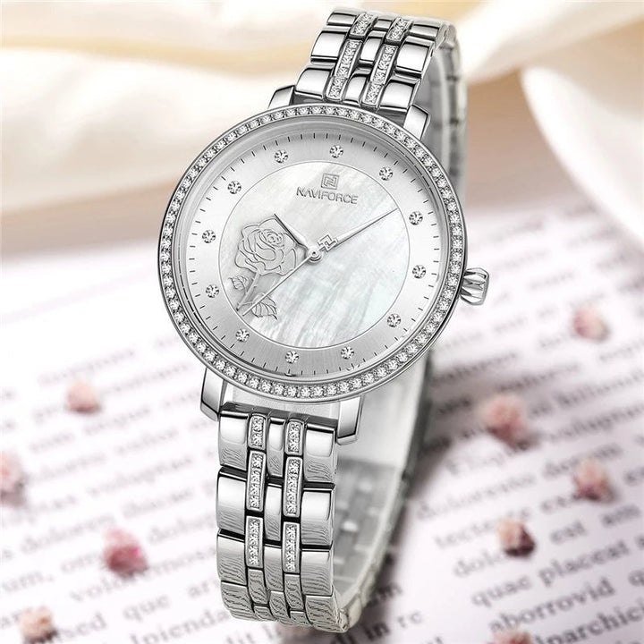 NAVIFORCE- Top Luxury Brand Women Watch Rhinestone Quartz Lady Waterproof Wristwatch Silver Stainless Steel Female Clock 5017