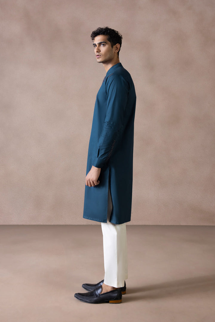 Menswear Stitched Teal Blue Winter Cotton Jacquard Kurta