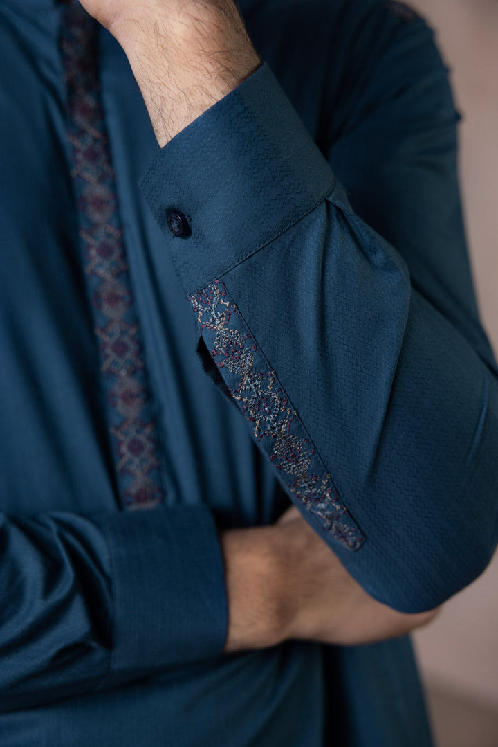 Menswear Stitched Teal Blue Winter Cotton Jacquard Kurta