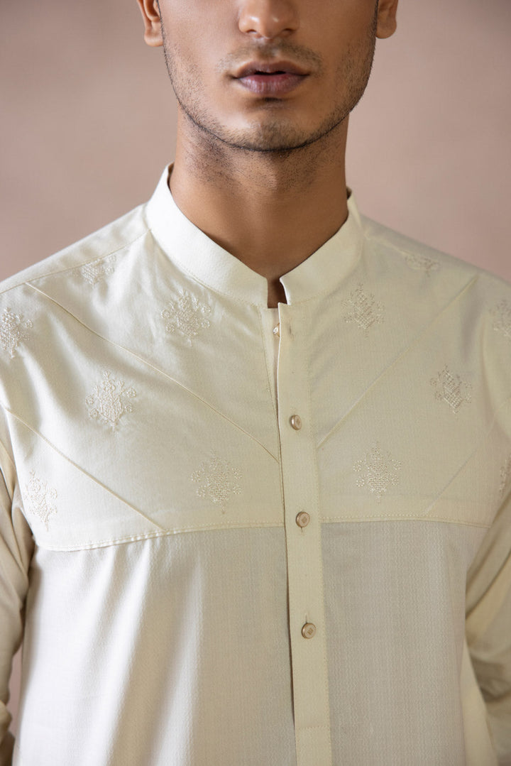 Menswear Stitched Beige Winter Cotton Jacquard Kurta