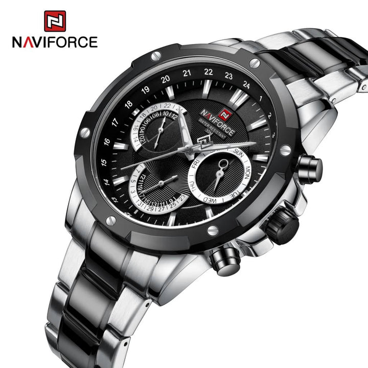 Naviforce- Men Watch Luxury Quartz Fashion Casual Black Stainless Steel 3ATM Waterproof Day Date Relogio Masculino Clock NF9196