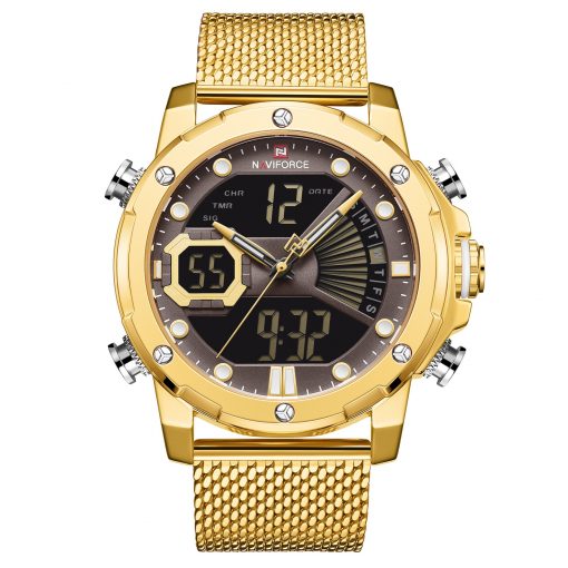 NAVIFORCE- NF9172 Watch For Men Stainless Steel Dual Time Analog Digital Wrist Watch For Men Waterproof Clock Golden