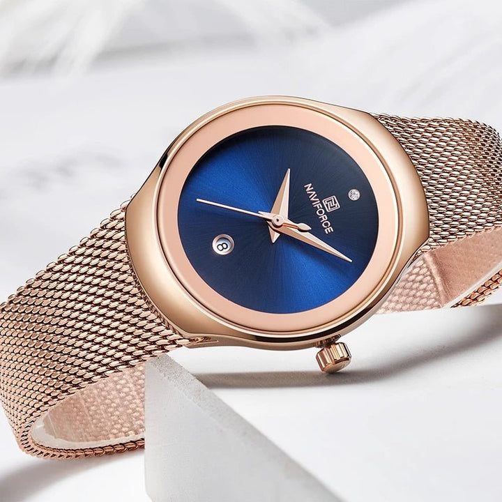 NAVIFORCE- NF5004 womens quartz watch max price Mesh band water resistant auto date Concise bracelet watch design Rose Gold Blue