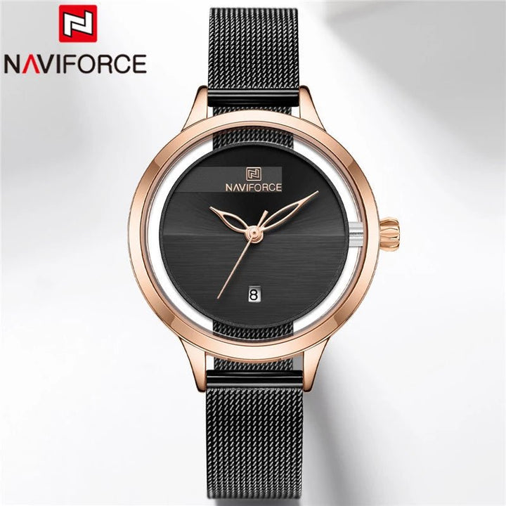 Naviforce- NF5014L Jam Tangan Wanita Analog Original Stainless Steel Black Gold
