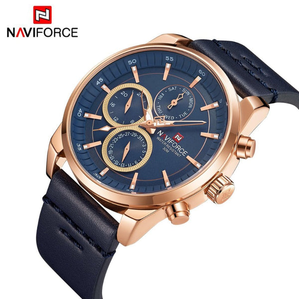 NAVIFORCE- Waterproof 24 hour Date Quartz Watch Leather Straps With Brand Box - NF9148 Blue Gold