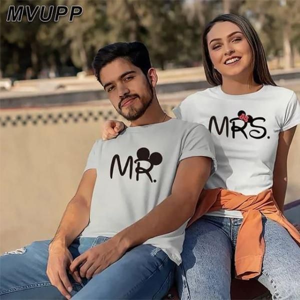 Emerce- Pack Of 2 MR. MRS. Printed Half Sleeves T Shirts White