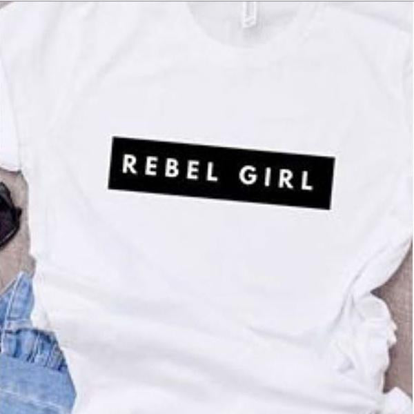 Emerce- REBEL GIRL black Printed Half Sleeves T Shirt White