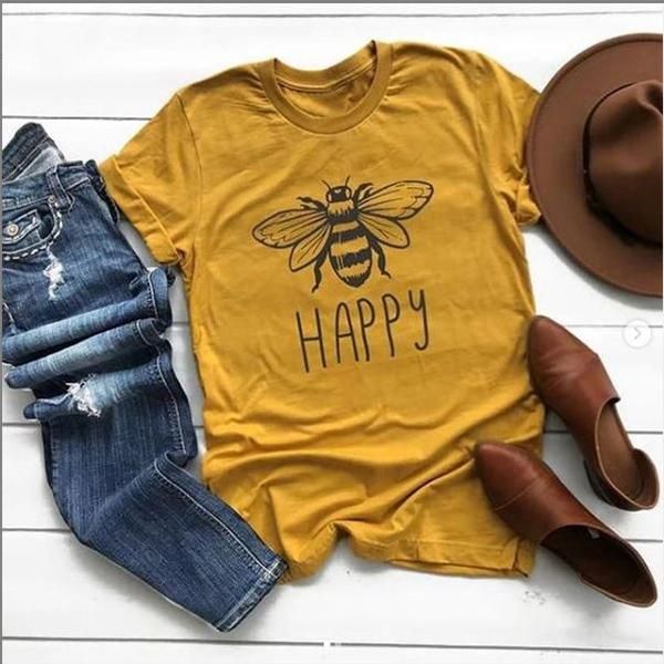 Emerce-BEE+HAPPY Printed Half Sleeves T-Shirt - White