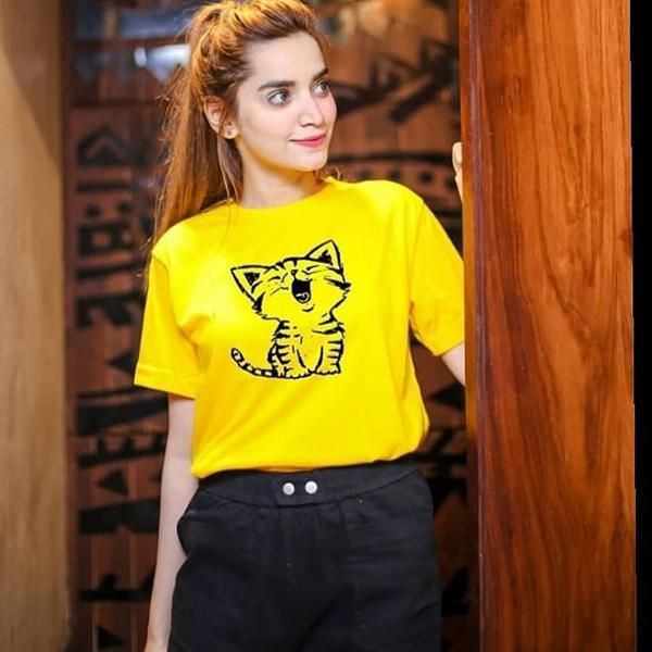 Emerce- Cat Laugh Printed Half Sleeves T Shirt Yellow