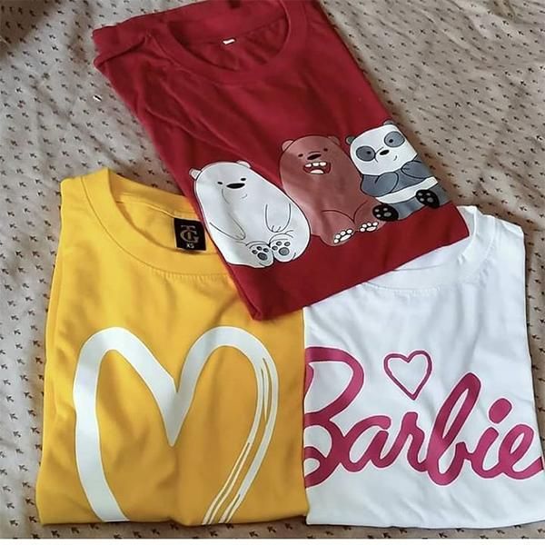 Emerce- Pack Of 3 Barbie+Heart+Teddy Printed Half Sleeves T Shirt White,yellow&Maroon