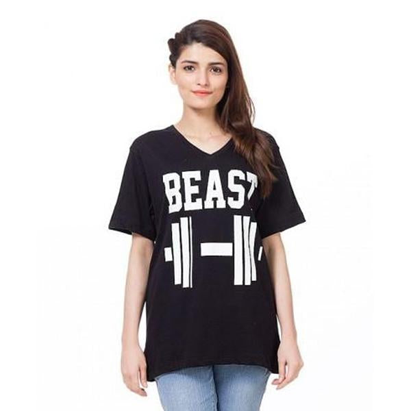 Emerce- BEAST Printed V Neck Half Sleeves T Shirt Black