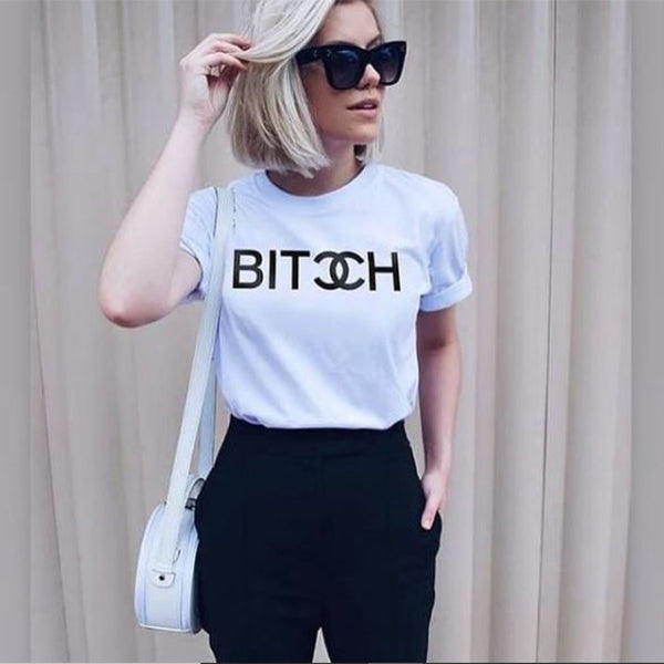 Emerce- BITCH Printed Half Sleeves T-Shirt - White