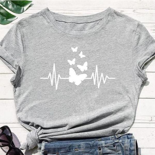 Emerce- Butterfly Line Printed Half Sleeves T-Shirt - Grey
