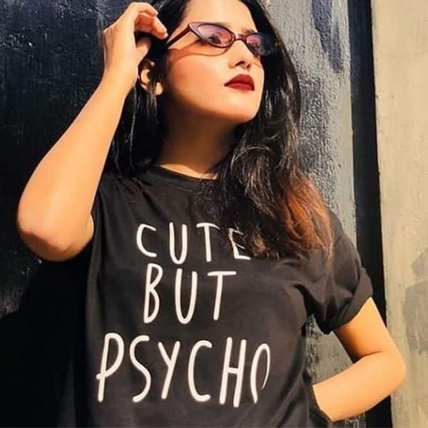 Emerce- CUTE BUT PSYCHO Printed Half Sleeves T Shirt Black