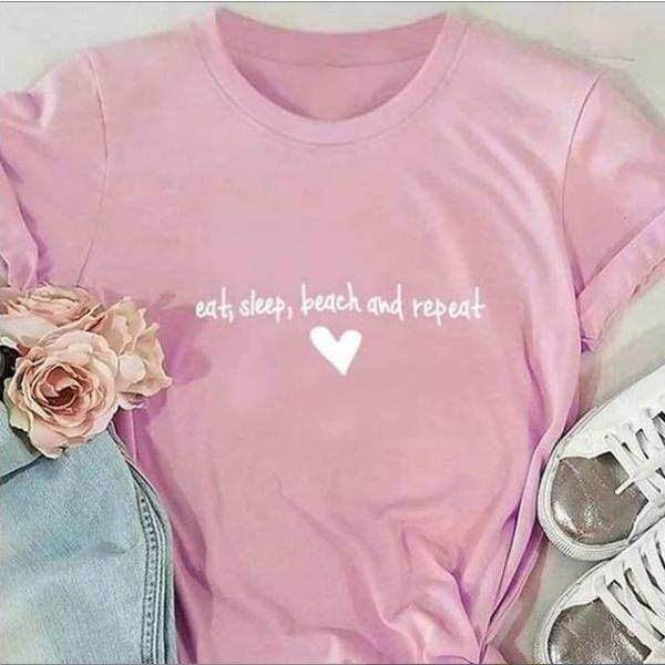 Emerce- eat sleep beach and repeat Printed Half Sleeves Printed T Shirt Pink