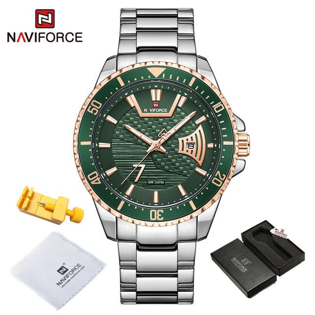 Naviforce- Watches Men Casual Fashion Waterproof Stainless Steel Date Display Quartz Wristwatch Male Relogio Masculino Silver Golden Green
