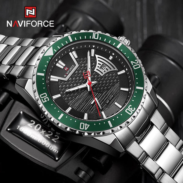 NAVIFORCE- Watches Men Casual Fashion Waterproof Stainless Steel Date Display Quartz Wristwatch Male Relogio Masculino Silver Green