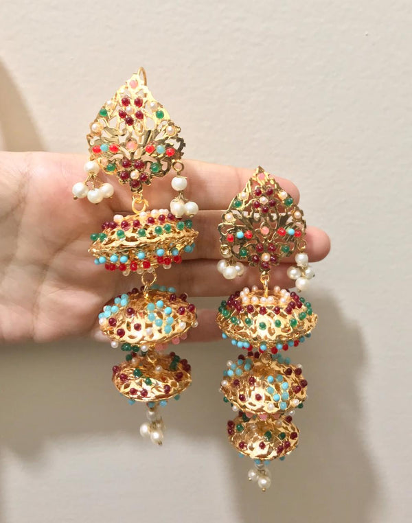 House Of Jewels- 3 Layered Nauratan Jhumkas