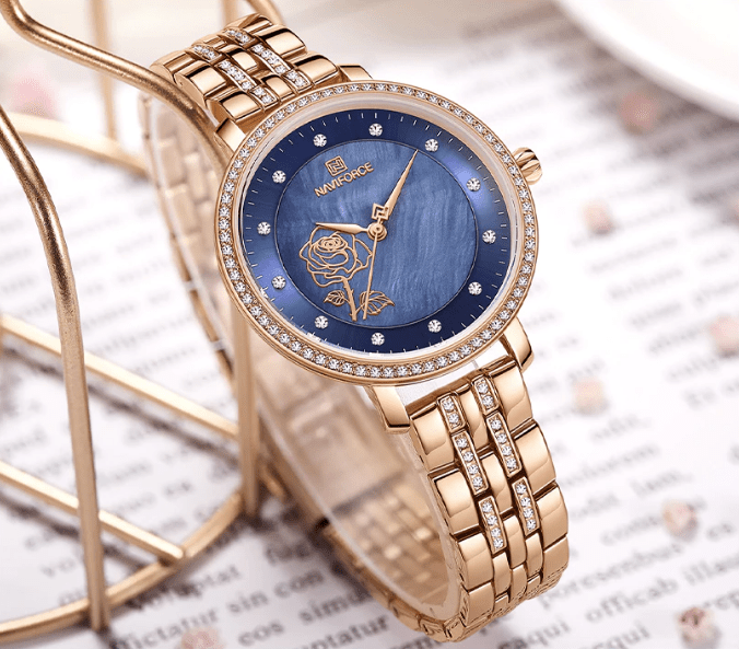 Women’s Naviforce Watch NF5017 Beautiful Rose Crafted Inside Dial With Stainless Steel Chain Rose Blue