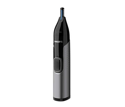 Philips Nose and ear trimmer: 100% water-proof, tube trimmer, AA-battery, 2 eyebrow comb 3 and 5mm, protective cap, Pouch. Blister box