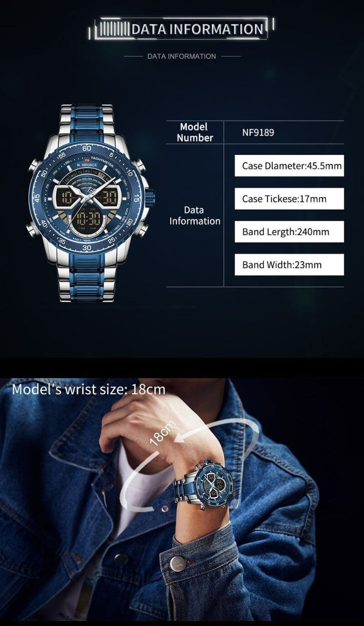 Naviforce- Nf9189 Stainless Steel Dual Movement Digital Analog Dark Night Display Quartz Watch For Men