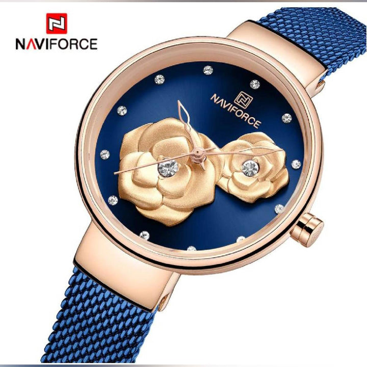 Naviforce- Luxury Creative Design Mesh Steel Band Wrist Watch With Brand Box - NF5013 Blue Gold