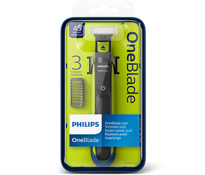 Philips NEW Oneblade, Trim, edge, shave, 3 x click-on stubble combs (1, 3, 5mm) , Rechargeable, wet & dry use, Blades 4months. 45min runtime/8hr Charge