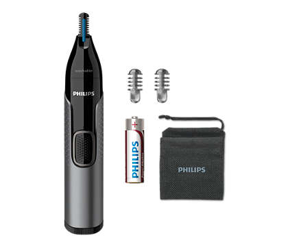 Philips Nose and ear trimmer: 100% water-proof, tube trimmer, AA-battery, 2 eyebrow comb 3 and 5mm, protective cap, Pouch. Blister box