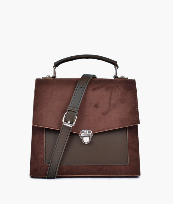 RTW- Dark brown suede push-lock messenger bag