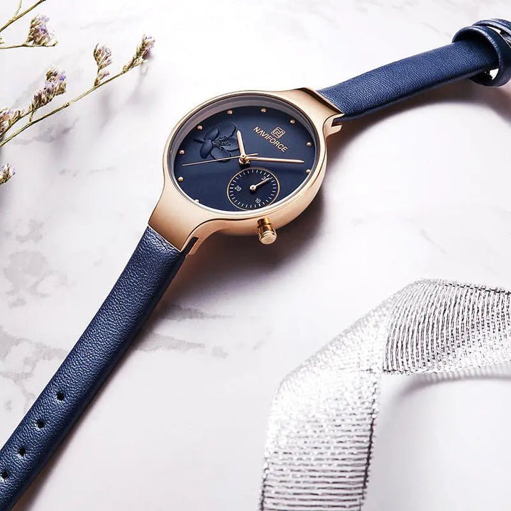 NAVIFORCE- NF5001 Waterproof Elegant Women Wrist Watch Genuine Leather Strap Quartz Watch - Rose Gold Blue