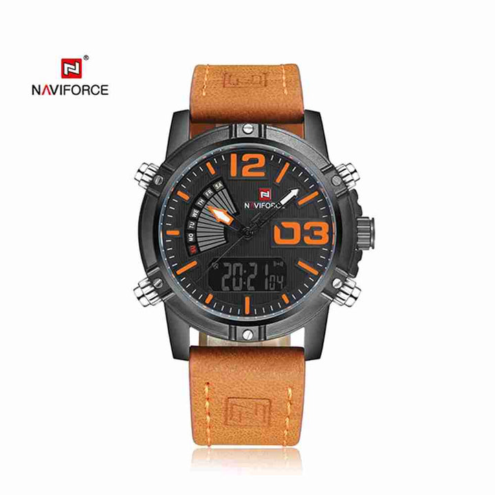 Naviforce- NF9095 Men's Waterproof Leather Strap Watch With Branded Naviforce Box Orange Black