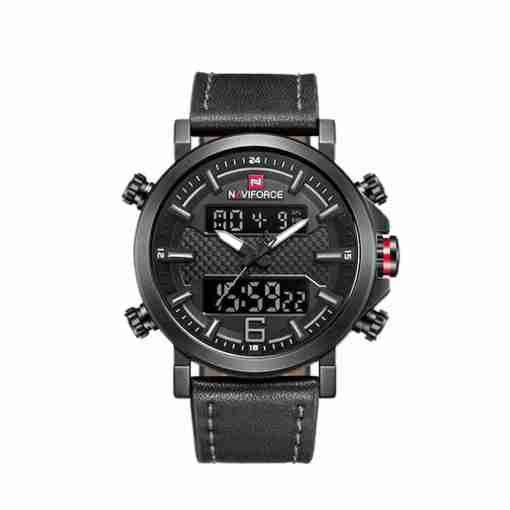 NaviForce- Black Leather Dual Time Sports Wrist Watch Black