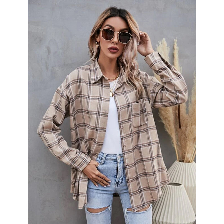 Shein- Drop Shoulder Plaid Longline Blouse